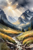 Sunbeams Breaking Through Stormy Clouds Over Mountains Print