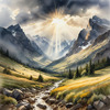 Sunbeams Breaking Through Stormy Clouds Over Mountains Print