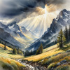 Sunbeams Breaking Through Stormy Clouds Over Mountains Print