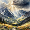 Sunbeams Breaking Through Stormy Clouds Over Mountains Print