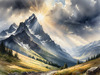 Sunbeams Breaking Through Stormy Clouds Over Mountains Print