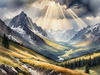 Sunbeams Breaking Through Stormy Clouds Over Mountains Print