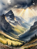 Sunbeams Breaking Through Stormy Clouds Over Mountains Print