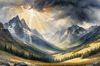 Sunbeams Breaking Through Stormy Clouds Over Mountains Print