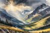 Sunbeams Breaking Through Stormy Clouds Over Mountains Print
