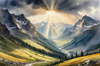Sunbeams Breaking Through Stormy Clouds Over Mountains Print