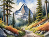 Printable Art of a Mountain Path Leading to a Majestic Peak in a Dense Forest