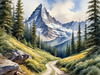 Printable Art of a Mountain Path Leading to a Majestic Peak in a Dense Forest