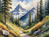 Printable Art of a Mountain Path Leading to a Majestic Peak in a Dense Forest