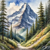 Printable Art of a Mountain Path Leading to a Majestic Peak in a Dense Forest