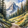 Printable Art of a Mountain Path Leading to a Majestic Peak in a Dense Forest