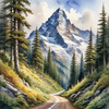 Printable Art of a Mountain Path Leading to a Majestic Peak in a Dense Forest