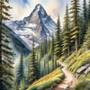 Printable Art of a Mountain Path Leading to a Majestic Peak in a Dense Forest