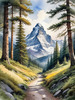 Printable Art of a Mountain Path Leading to a Majestic Peak in a Dense Forest