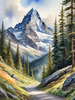 Printable Art of a Mountain Path Leading to a Majestic Peak in a Dense Forest