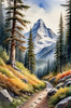 Printable Art of a Mountain Path Leading to a Majestic Peak in a Dense Forest