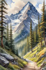 Printable Art of a Mountain Path Leading to a Majestic Peak in a Dense Forest