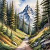 Printable Art of a Mountain Path Leading to a Majestic Peak in a Dense Forest