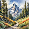Printable Art of a Mountain Path Leading to a Majestic Peak in a Dense Forest