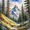 Printable Art of a Mountain Path Leading to a Majestic Peak in a Dense Forest