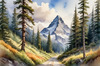 Printable Art of a Mountain Path Leading to a Majestic Peak in a Dense Forest