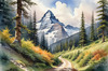 Printable Art of a Mountain Path Leading to a Majestic Peak in a Dense Forest