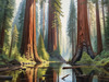 Printable Art of Redwood Giants with Reflective Stream in Forest Landscape