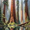 Printable Art of Redwood Giants with Reflective Stream in Forest Landscape