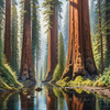 Printable Art of Redwood Giants with Reflective Stream in Forest Landscape
