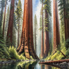 Printable Art of Redwood Giants with Reflective Stream in Forest Landscape
