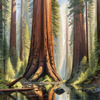 Printable Art of Redwood Giants with Reflective Stream in Forest Landscape