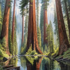 Printable Art of Redwood Giants with Reflective Stream in Forest Landscape