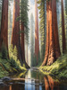 Printable Art of Redwood Giants with Reflective Stream in Forest Landscape