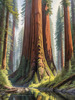 Printable Art of Redwood Giants with Reflective Stream in Forest Landscape