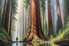 Printable Art of Redwood Giants with Reflective Stream in Forest Landscape