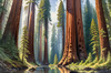 Printable Art of Redwood Giants with Reflective Stream in Forest Landscape