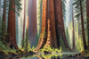 Printable Art of Redwood Giants with Reflective Stream in Forest Landscape