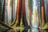 Printable Art of Redwood Giants with Reflective Stream in Forest Landscape