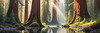 Printable Art of Redwood Giants with Reflective Stream in Forest Landscape