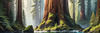 Printable Art of Redwood Giants with Reflective Stream in Forest Landscape