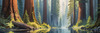 Printable Art of Redwood Giants with Reflective Stream in Forest Landscape