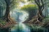 Printable Realistic Mangrove Forest with Submerged Roots in Clear Water
