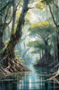 Printable Realistic Mangrove Forest with Submerged Roots in Clear Water