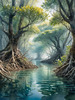 Printable Realistic Mangrove Forest with Submerged Roots in Clear Water