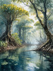 Printable Realistic Mangrove Forest with Submerged Roots in Clear Water