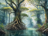 Printable Realistic Mangrove Forest with Submerged Roots in Clear Water