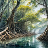Printable Realistic Mangrove Forest with Submerged Roots in Clear Water