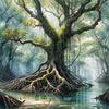 Printable Realistic Mangrove Forest with Submerged Roots in Clear Water