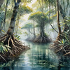 Printable Realistic Mangrove Forest with Submerged Roots in Clear Water
