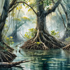 Printable Realistic Mangrove Forest with Submerged Roots in Clear Water